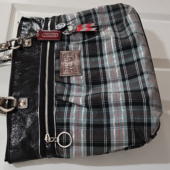 Coach Poppy Plaid Lurex Tartan Black and Gray Women's Tote Bag - Picture 3 of 17